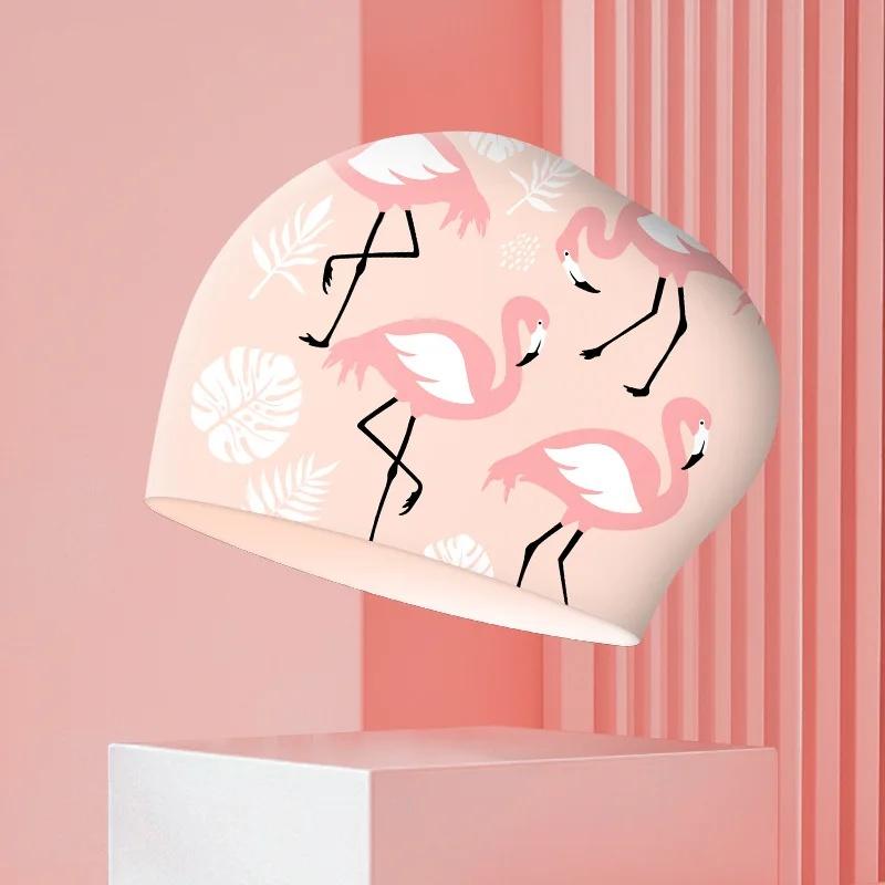 Große Badekappen Damen Mode Druck Ohrenschutz Lange Haare Wasserdicht Silikon Badekappe Badehüte Schwimmzubehör
