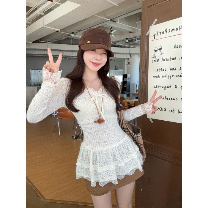 Chic Winter Polka Dot Lace Tie Long Sleeve Slimming T-Shirt for Women Small абрикосовый