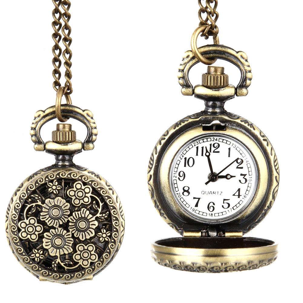 Vintage Pocket Watch Bronze Color Quartz Watch Cool Chain Hollow Love Heart Watches Necklace Pendant Gifts For Women Man