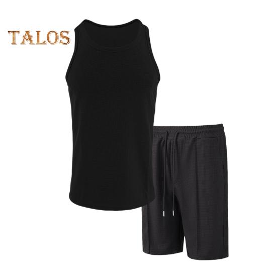 2 stk/sett Herre Sportsklær Vaffelstoff Ensfarget O-hals Ermeløs Vest Elastisk Midje Vide Ben Shorts Dress Fritidsklær