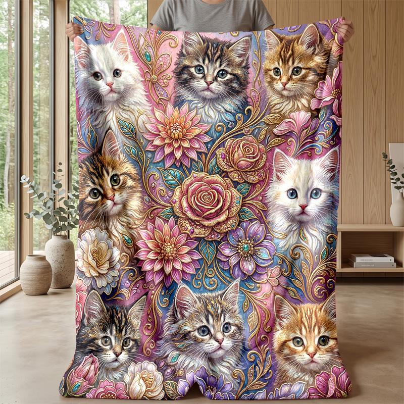 Cats In Cartoon Style Blanket Personalized Name Flannel Blanket Soft Cozy Plush Throw for Sofa Bed Lightweight Home Decor