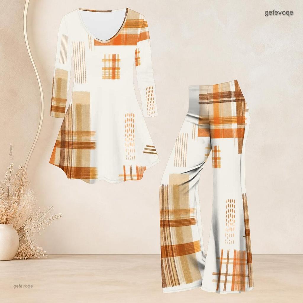 Women Plus Size Printed Round Neck Three Quarter Sleeve Flared Top Flared Pants Two Piece Set
