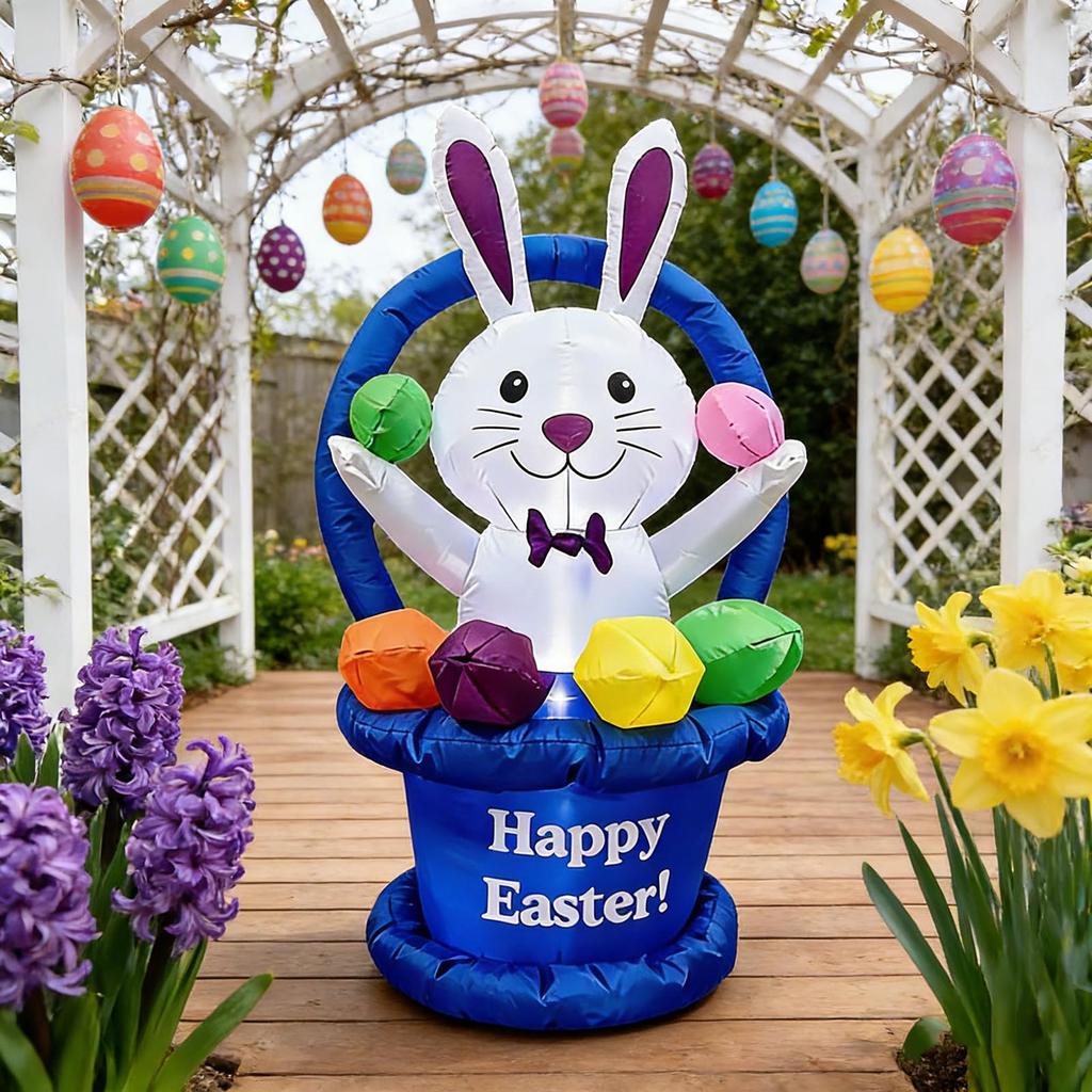 1.2-meter Inflatable Easter Egg, Flower Basket, And Bunny Model; Outdoor Holiday Decoration With LED Lights; Patio Ornament.