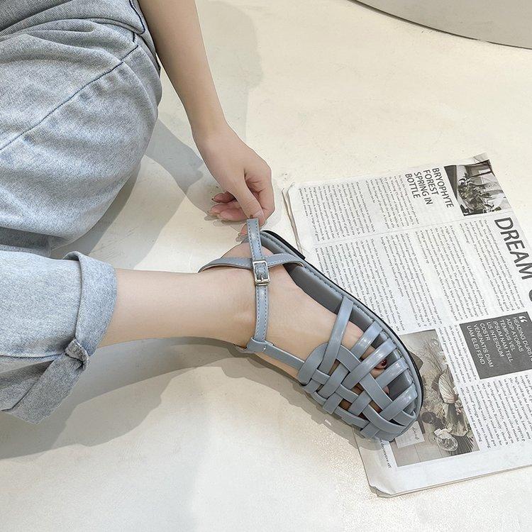 Large Size Sandals Women's 2024 Summer New Flat-bottomed Roman Sandals Woven One-word Buckle Bag Head Sandals Women