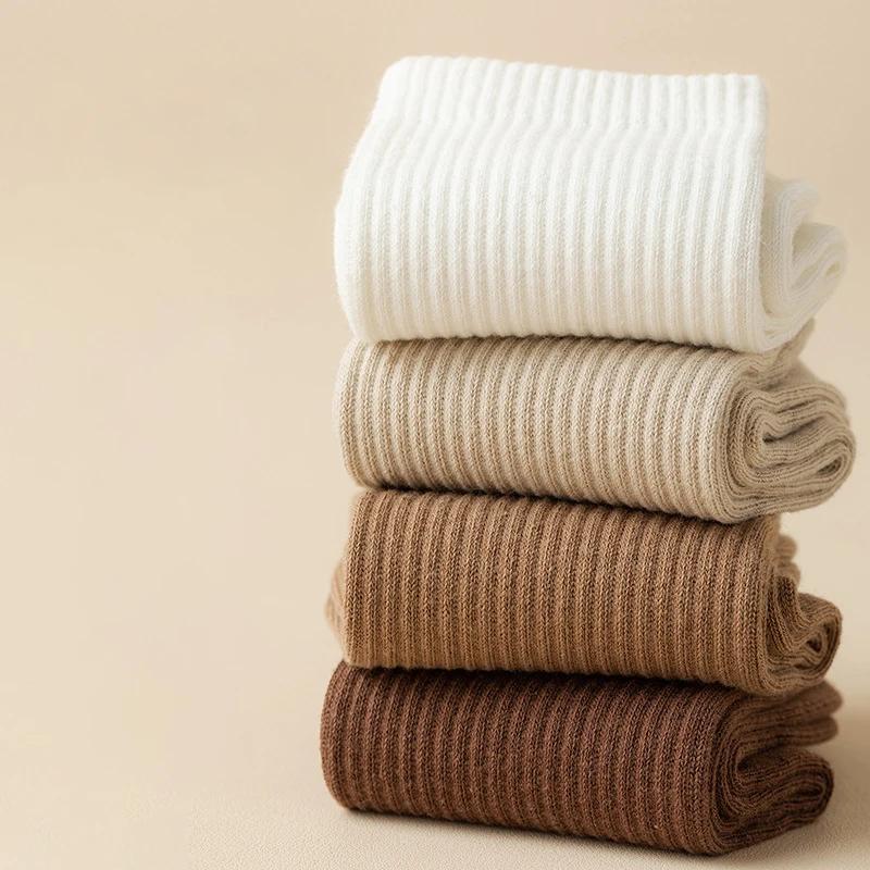 Men's Socks Retro Solid Color Brown White Khaki Beige Breathable Cotton Socks Casual Sport Fashion Medium Tube Long Sock
