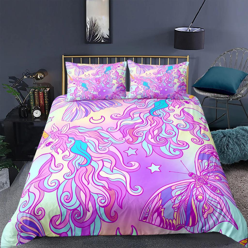 Unicorn Bedding Set King Queen White Pink Unicorn Duvet Cover for Girls Kids Dreamy Cartoon Sparkle Lilac Polyester Quilt Cover