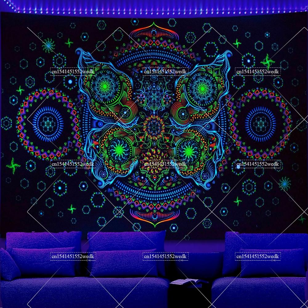 Neon Butterfly Blacklight Tapestry UV Reactive Mandala Floral Fluorescent Tapestrys Glow In The Dark Tapestry Aesthetic Backdrop 100X70CM
