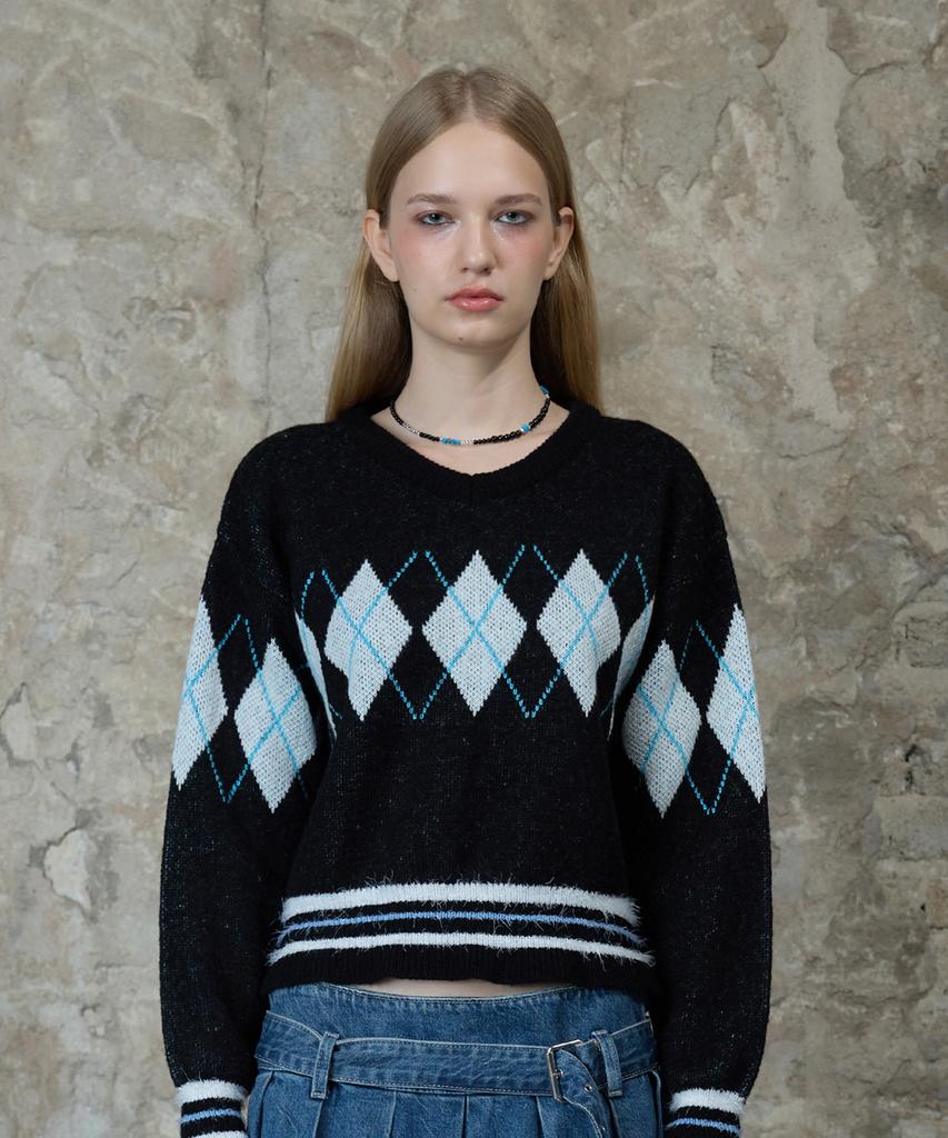 LARTIGENT L13 Argyle V-Neck Knit(Black)
