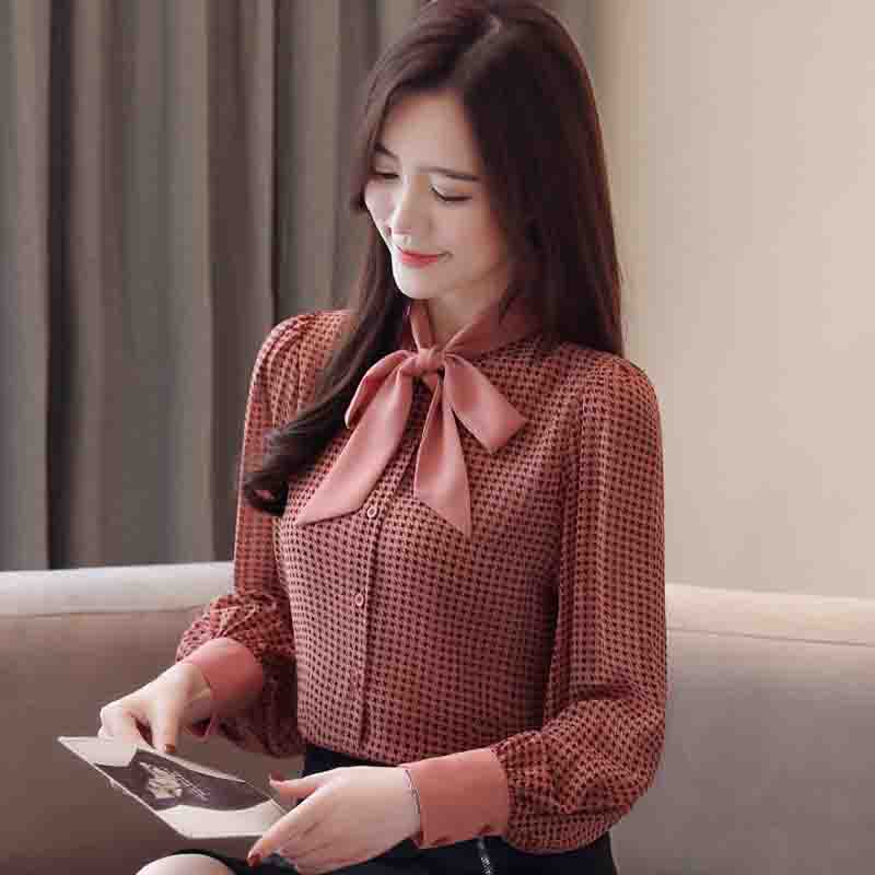 Fashion New 2024 Autumn Long Sleeve Bow Collar Casual Plaid Chiffon Blouse Shirt Women Tops Blouses Shirts J667