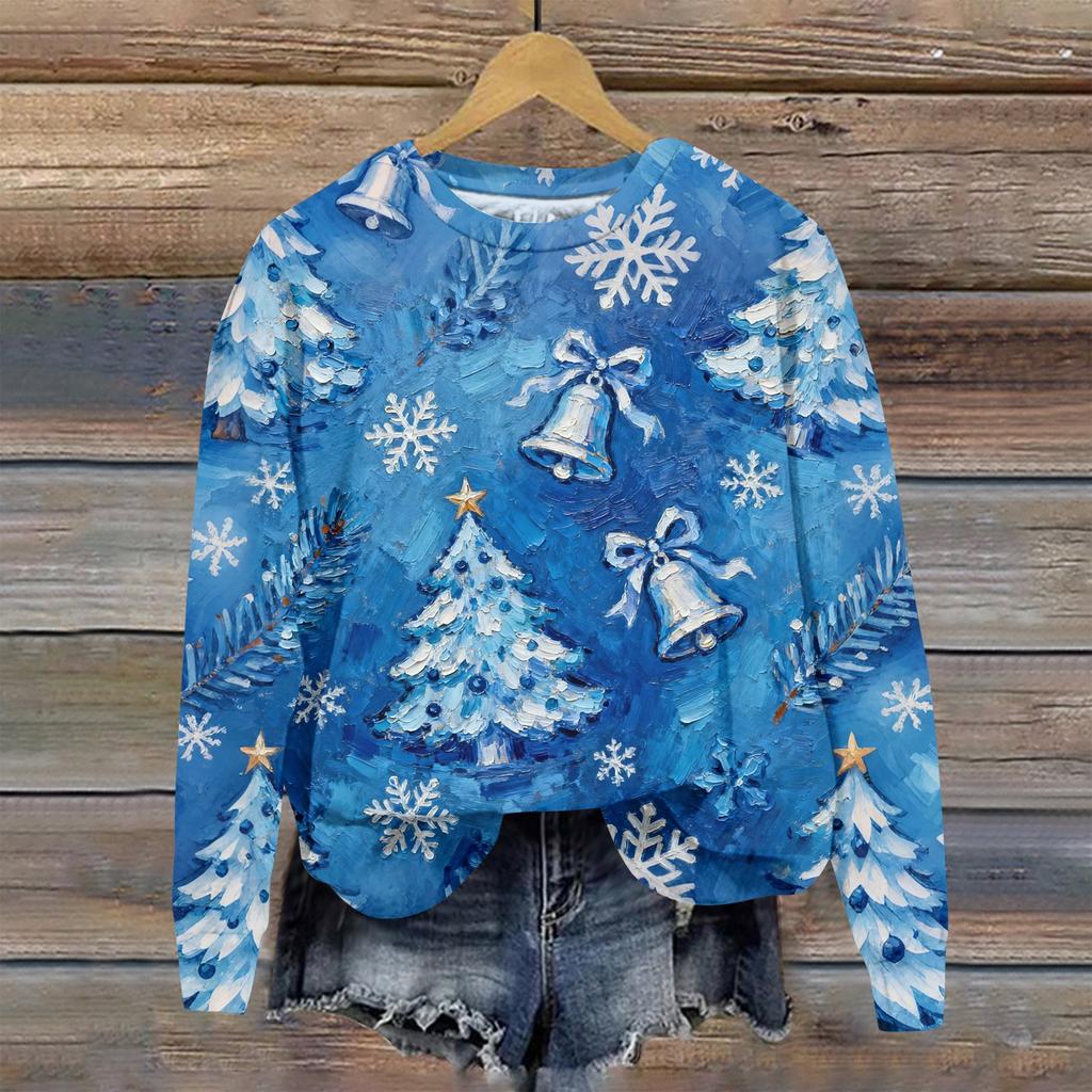 Women's Fashion Christmas Printed Long Sleeve Loose Round Neck Sweatshirt Top