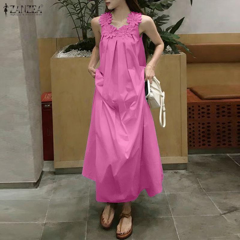 ZANZEA Bohemian Style Summer Casual Round Neck Sleeveless Long Dress