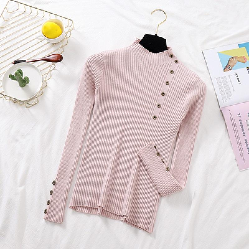 Women Autumn Knitted Slim Sweaters Solid Knitted Female Cotton Soft Elastic Color Pullovers Button Full Sleeve Turtleneck