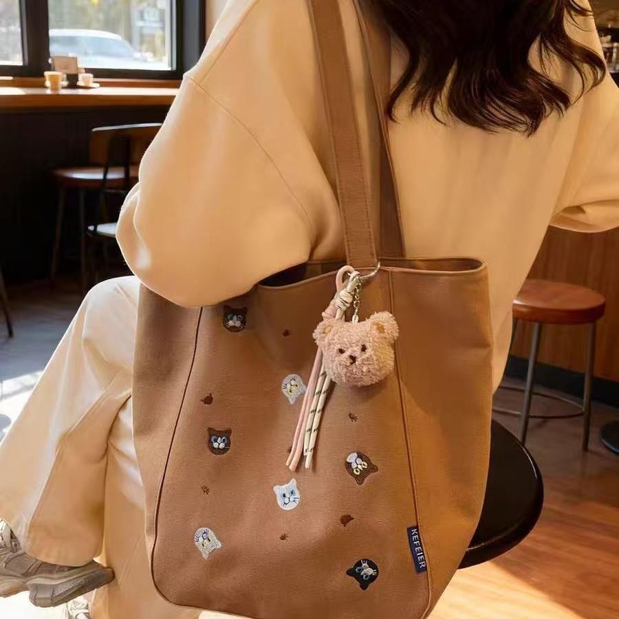 Cute Embroidery Cartoon Canvas Shoulder Bag Simple Casual Large Capacity Vintage Commuter Tote for Women