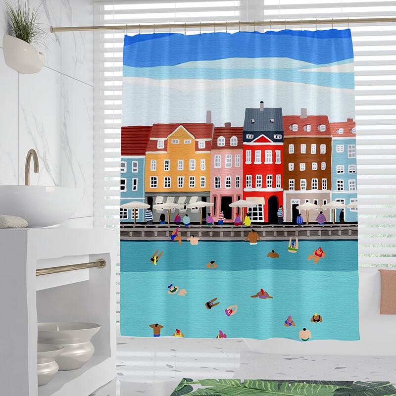 LISM Mediterranean Style Punch-Free Shower Curtain