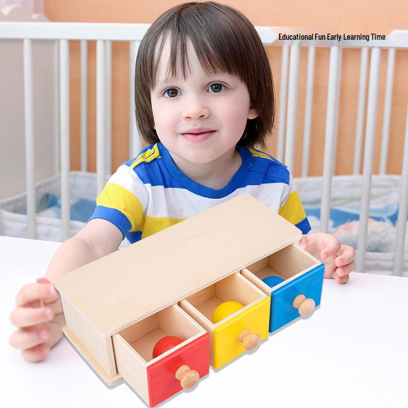 Montessori Early Education Toy Set: Round Ball Coin Box, Object Permanence Drawer & Textile Drum for Toddlers 0-3 Years