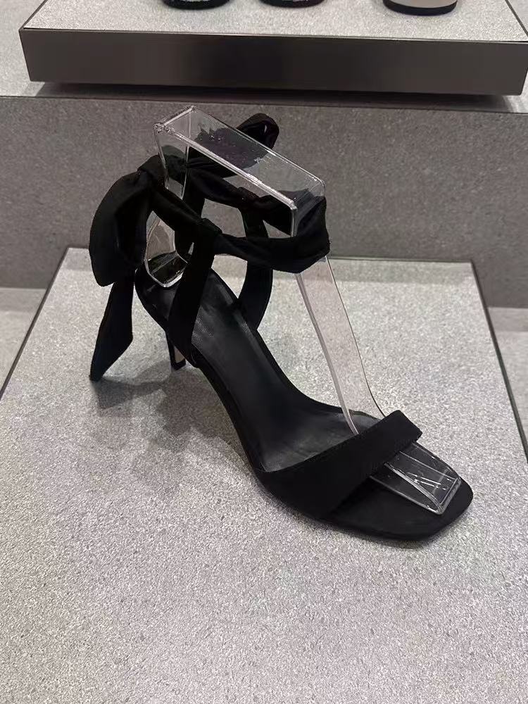 

Летние новые однословные сандалии на высоком каблуке с атласным бантом на ремешке, женская мода, квадратный носок, высокий каблук 40 чёрный
