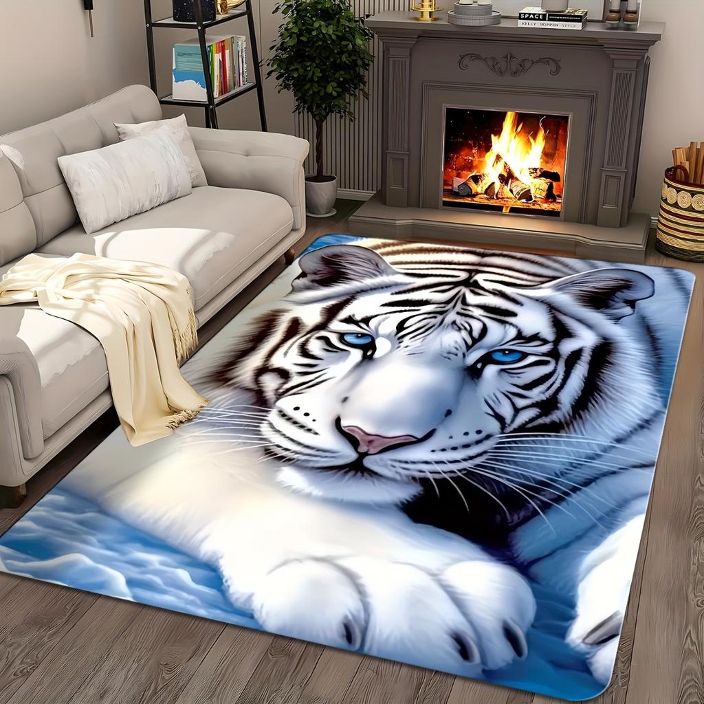 White Tiger Design Round Area Rug, Non Slip Floor Mat for Living Room Bedroom Hotel and Home Office, Machine Washable Decor
