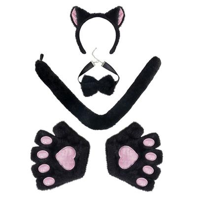Halloween Cosplay Katzenohren und Schwanz Set Feiertags-Maskerade Tier Katze Cosplay Kostüm Stirnband Pfoten Handschuhe Schwanz Fliege