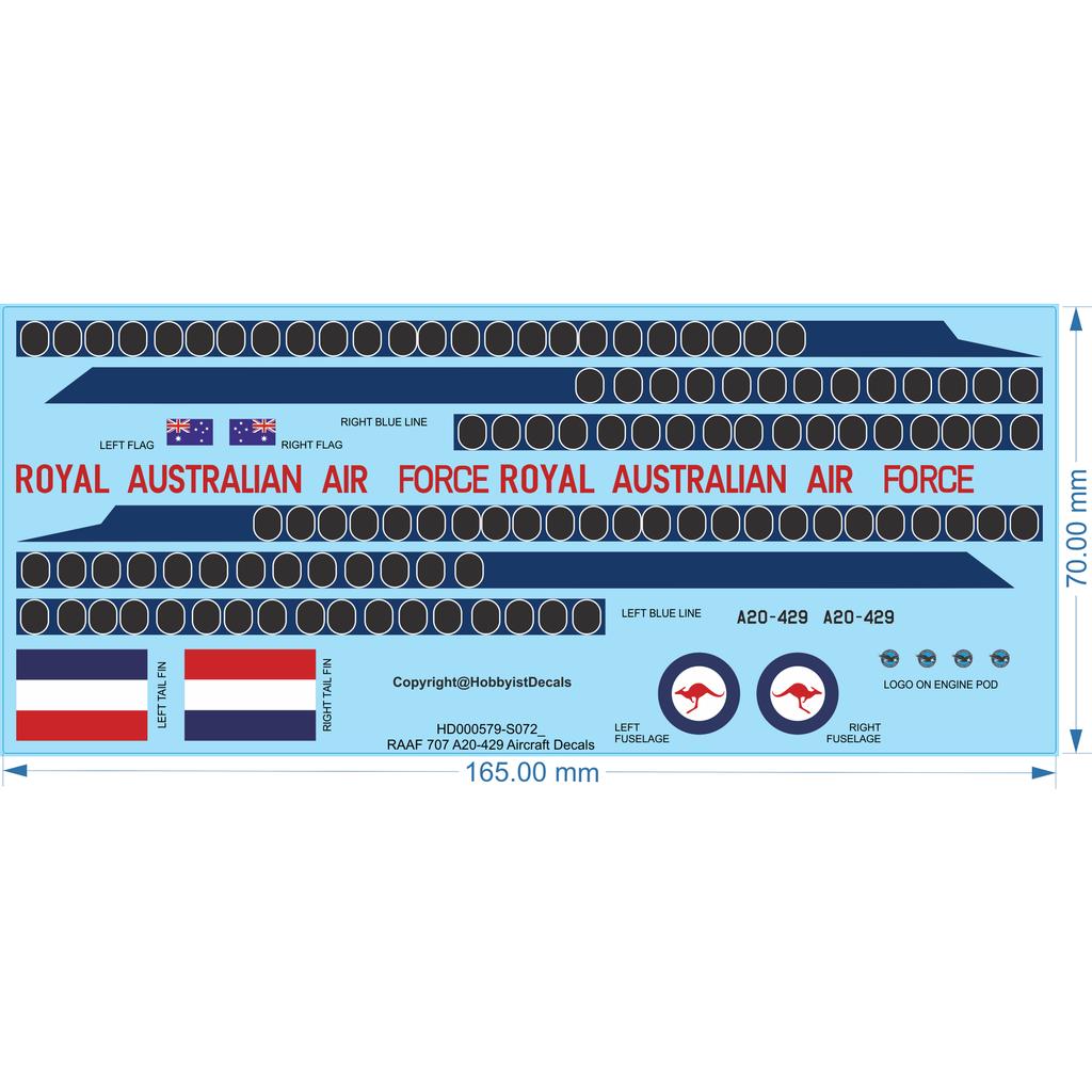 RAAF 707 A20-429 Aircraft Decals - 1/72 - Water Decal - Waterslide, 1/72