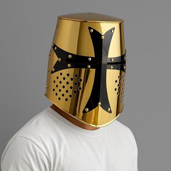 Templar Crusader Helmet , Knight Great Helmet , Golden Finish Helmet, Cosplay Helmet, Roleplay Helmet, Halloween Gift