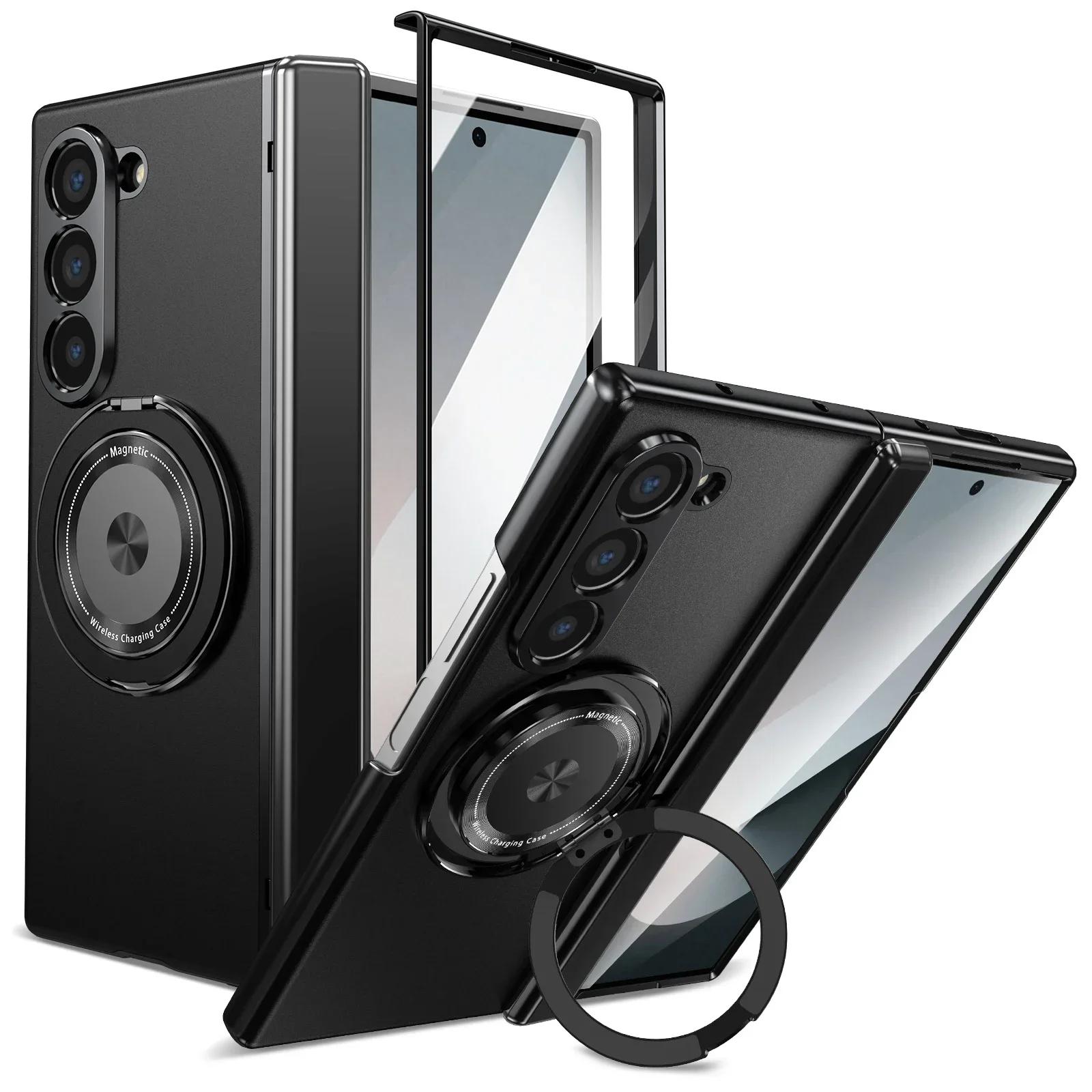 

360 Металлический сплав Вращающаяся Магнитная подставка Чехол для телефона Для Samsung Galaxy Z Fold 7 6 5 4 Обертка Шарнир Защитная пленка из стекла для экрана Чехол Galaxy Z Fold 7 чёрный