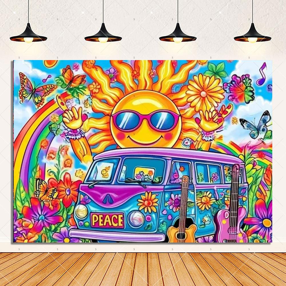 Colorful Hippie Bus Background Banner Bohemian Style Theme Backdrop Supplies Love And Peace Party Decorations Photography Props