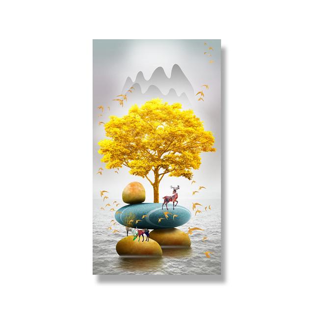 

Китайський фен-шуй Золоте багате дерево Картина на полотні Олень Пейзаж Lucky Stone Дзен Плакати Настінне мистецтво для декору вітальні Куадрос 40cm×80cm NoFrame