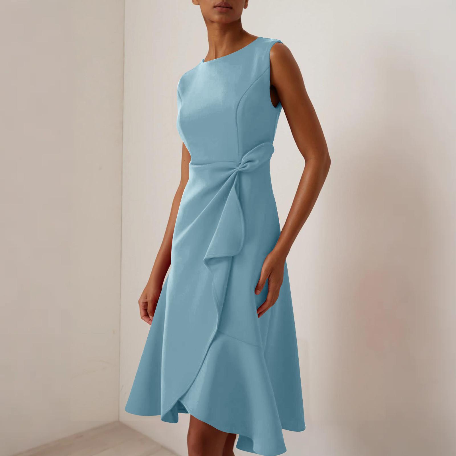 

Women s Color Fashion O,Neck Sleeveless Pleated Slim,fit Dress XXL