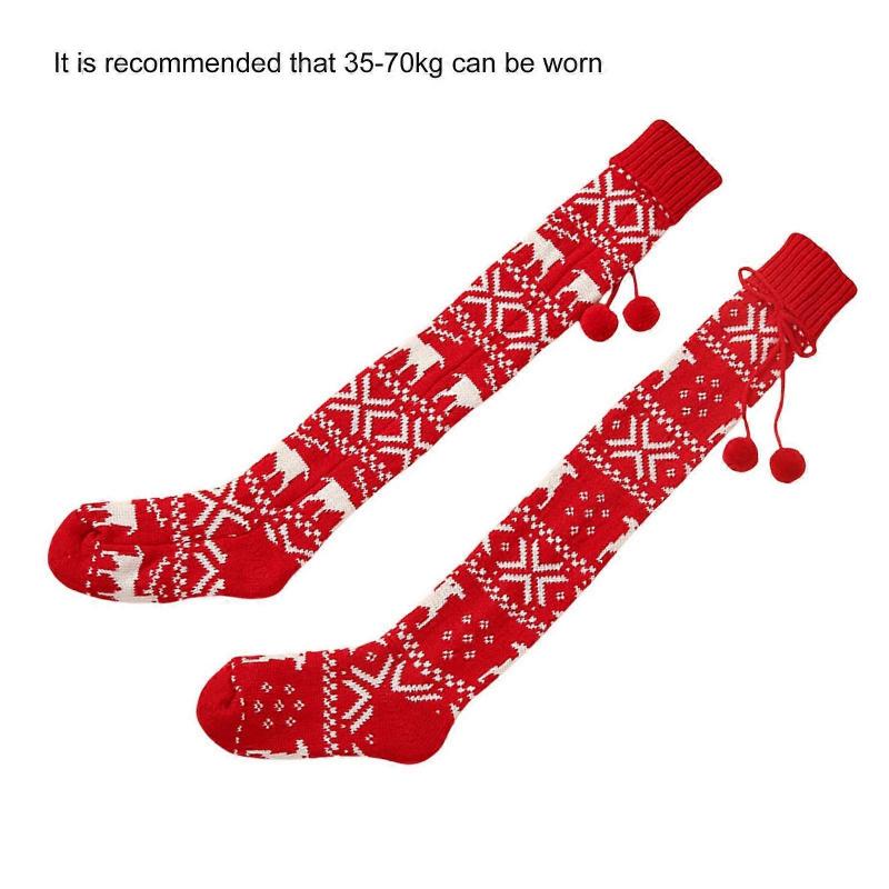 Over the Knee Christmas Long Socks Jacquard Knitted Thigh High Stockings Leg Warmers with Plush Balls Bows for Women  Red