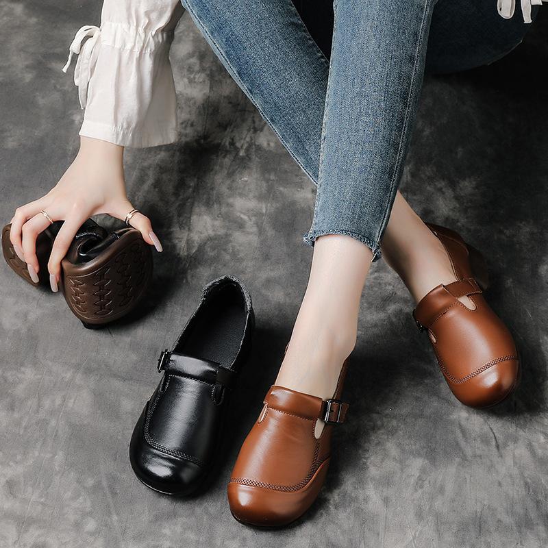Spring and Autumn Women's Leather Shoes Single Shoes Retro Medium Heel Soft Sole Leather Shoes Versatile Leather Casual Mom Shoes
