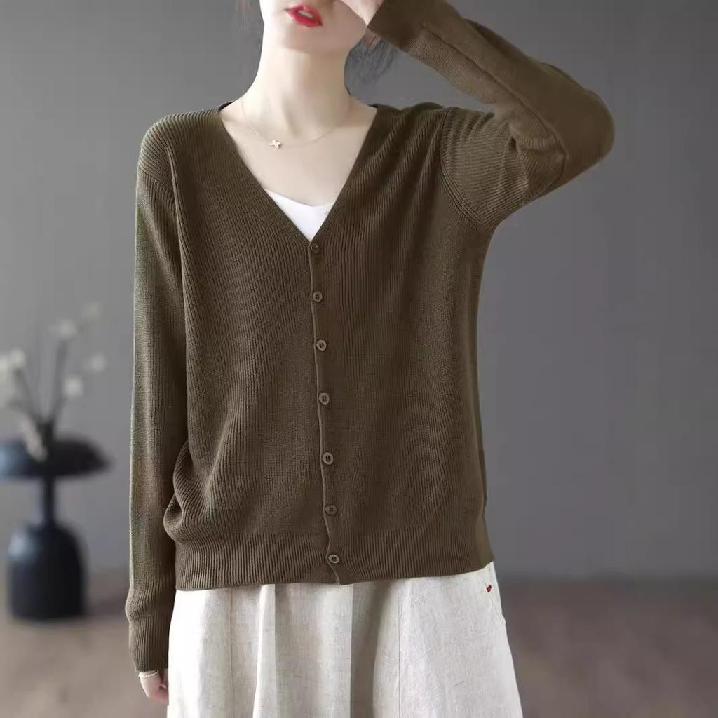 Loose Fashion Foreign Style Retro Long-sleeved Cardigan Women's Literary V-neck Solid Color Cotton Thread Knitted Jacket Women's Autumn and Winter