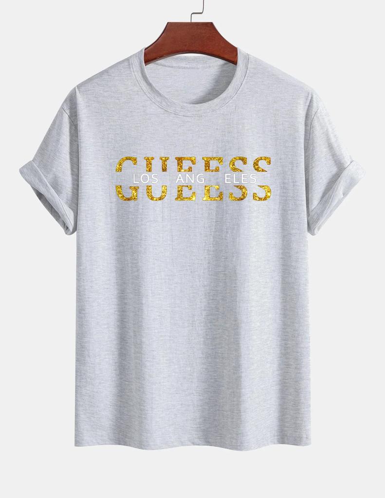 2025 Summer Men's T-shirt 100% Pure Cotton Casual Loose Fashion GUESS Los Angeles Letter Harajuku Print Short-sleeved T-shirt To