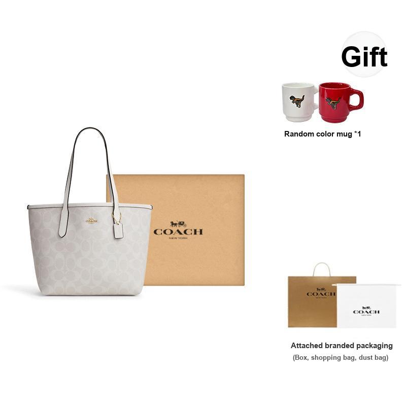 Coach Borsa Tote Classica con Logo Dorato e Motivo Floreale, Chiusura a Bottone, da Donna, Colore Chalk Glacier-White CN733-IMRFF