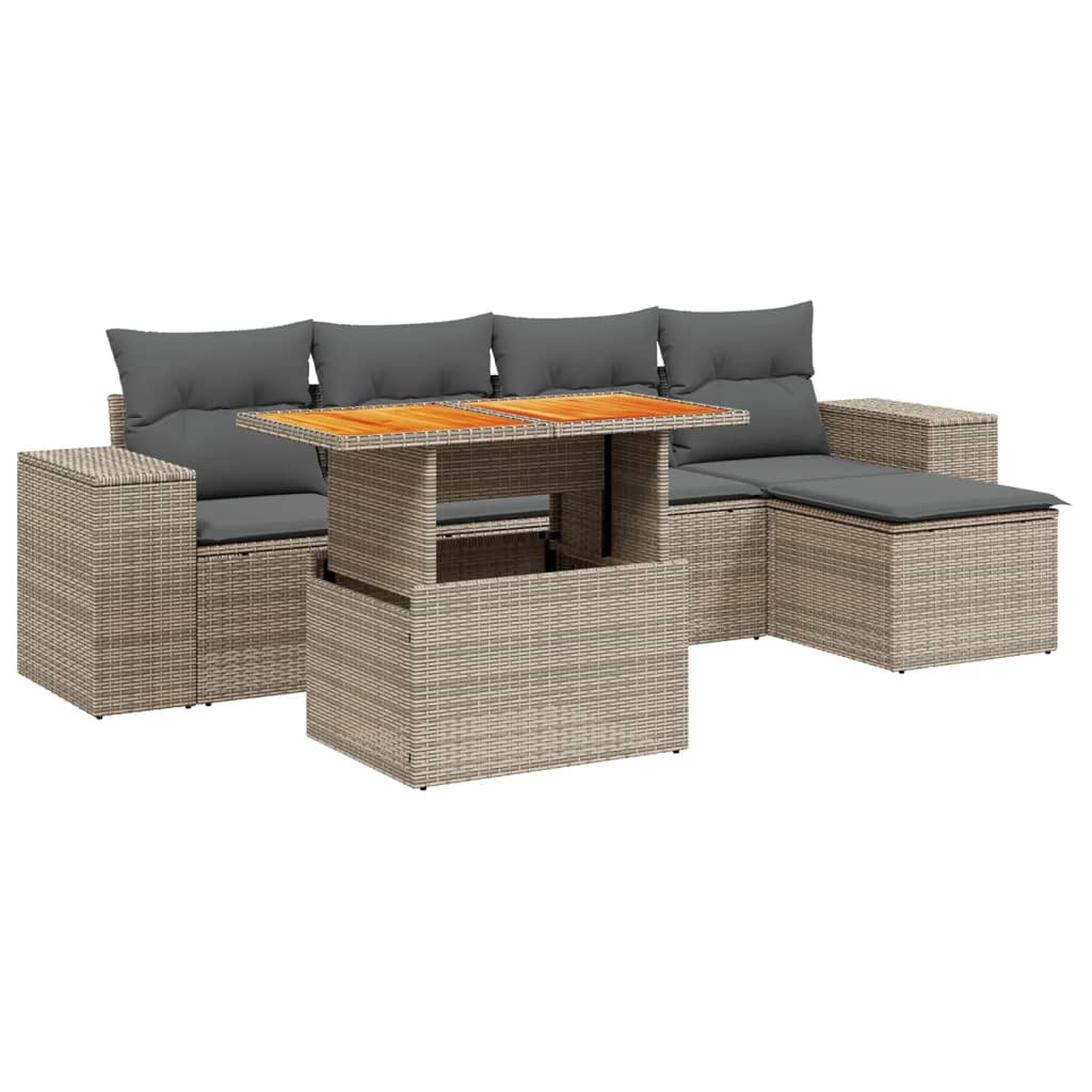 6-teiliges Gartensofa-Set mit Kissen, graues Poly-Rattan