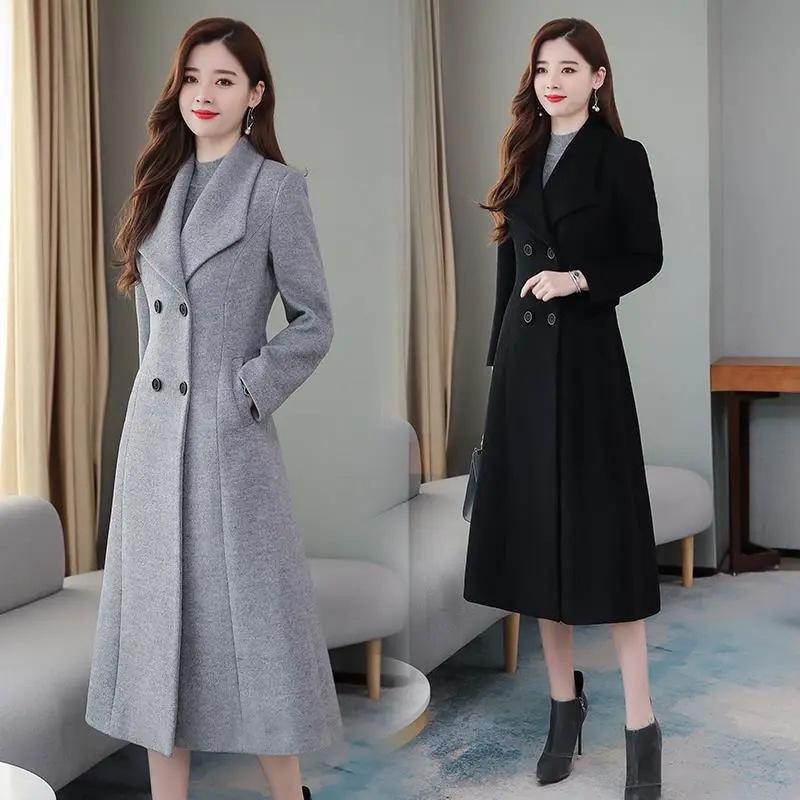 Women's 2023 Spring & Autumn Wool Windbreaker: Oversized, Over-the-Knee, Slim Waist, Long Lapel Coat
