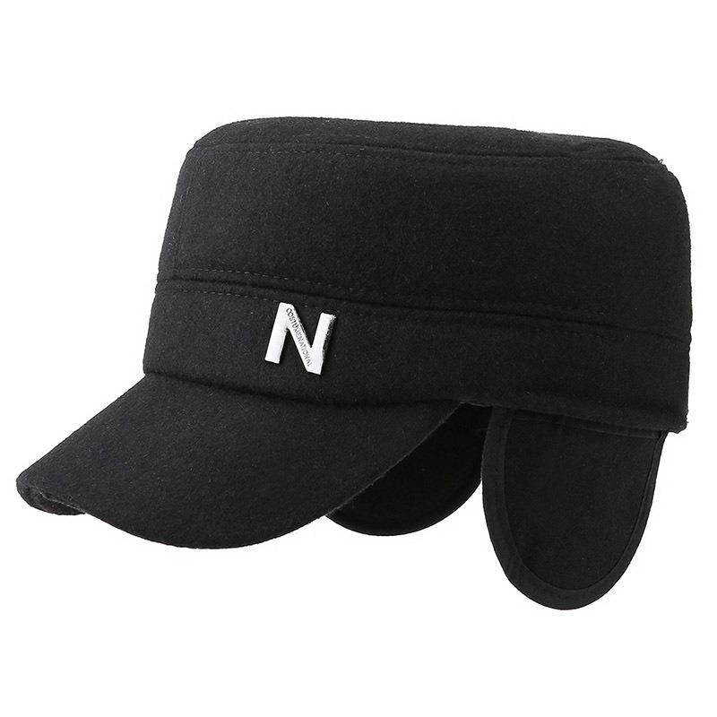 Autumn and winter new men's winter middle-aged flat-top hat, ear protectors to keep warm, elderly people with alphabet woolen thickened dad hat