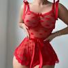 Erotic Underwear European and American Sexy Perspective Mesh Love Printing Suspender Nightdress Set Female Source