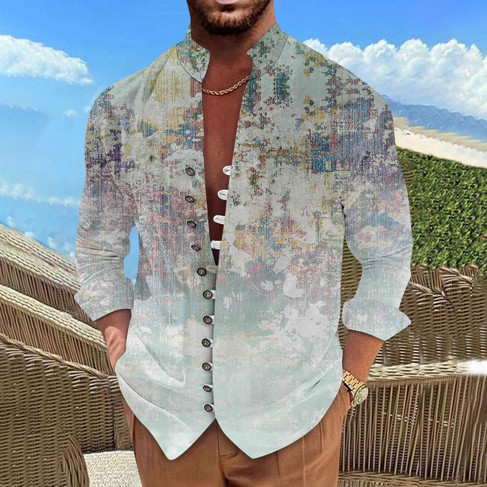 

Мужская ретро повседневная свободная рубашка с длинными рукавами и принтом, модный топ с воротником-стойкой L