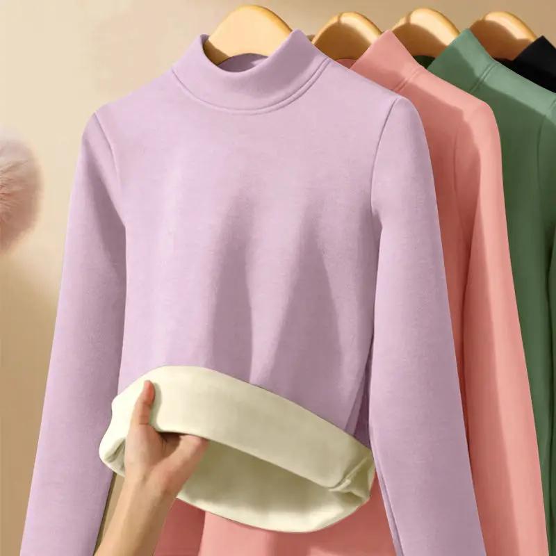 Women Thicken Half Turtleneck Bottom Shirt Double Sided Fleece Lined Warm Tops Delong Inner Wear Slim Long Sleeve Pullover Top