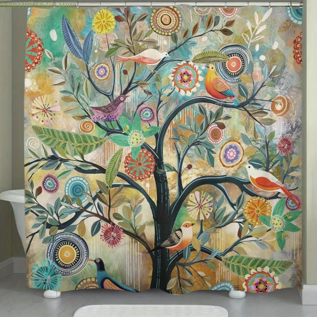 1pc Colorful Birds on Tree Floral Polyester Shower Curtain - Machine Washable Bathroom Decor with Hooks, Vibrant Botanical Pri