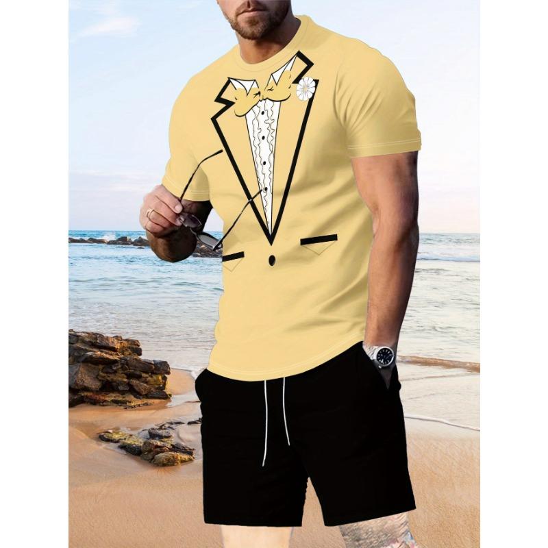 

Summer Men S T-shirt and Shorts Set | 3D Fake Collar Pattern Print, Casual Round Neck 6XL