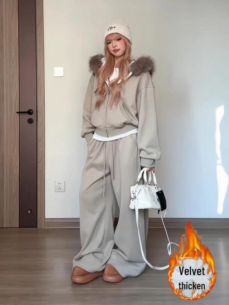 Women's Korean Style Velvet Fur Hooded Sweatshirt & Wide Leg Pants Set - Autumn/Winter Fashion