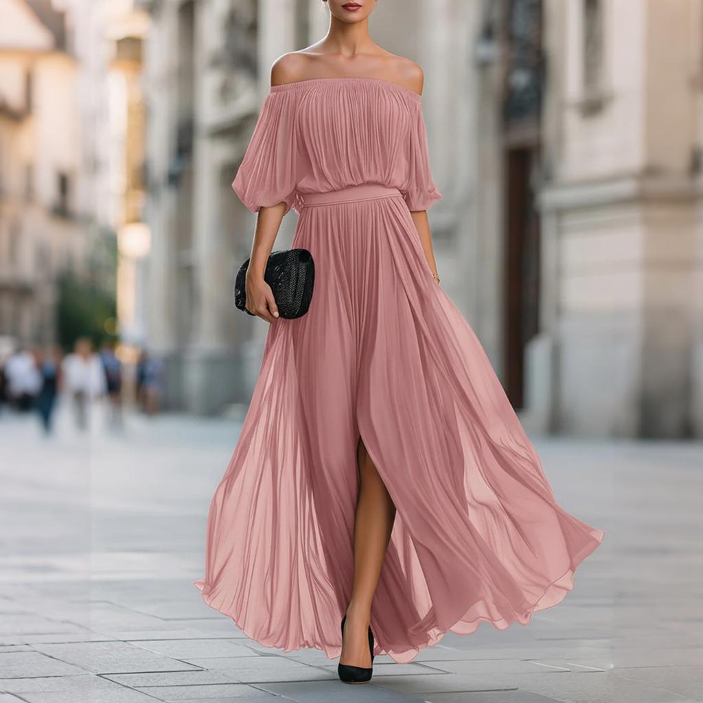 Off Shoulder Pleated Chiffon Maxi Dress for Women Elastic Waist Half Sleeve Long Evening Gown with Slit