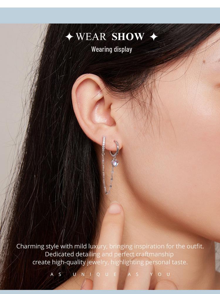 Avle Sterling Silver S925 Heart-Shaped Moonstone Chain Double Ear Cuff Earrings BSE809