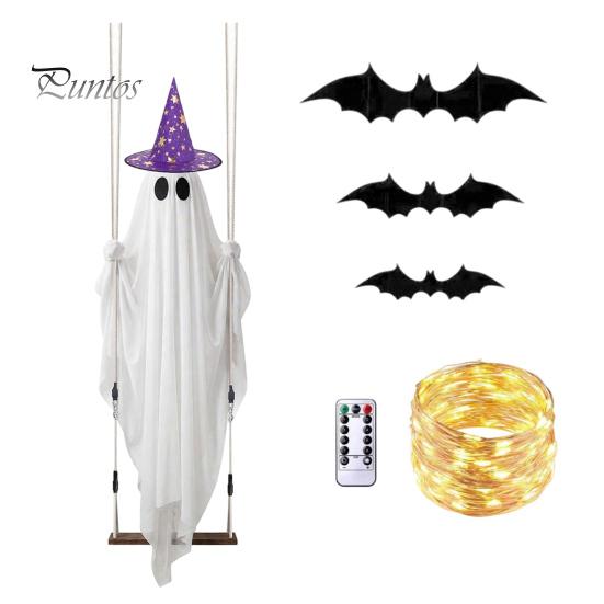 Gruselige Halloween-Außendekorationen Schwingender Geister-Hängeornament mit LED-Lichterkette zur Dekoration, Verstellbare Dekoration Süßes oder Saures Leuchtendes Ornament