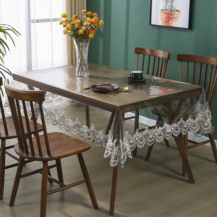 PVC No-rinse Lace Trim Tablecloth Waterproof and Oil Resistant Household Coffee Table Wear-resistant and Anti Slip Tablecloth for Dining Tables