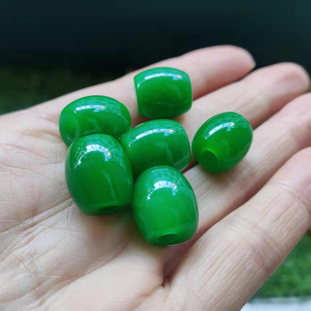 Bright Green Malaysian Jadeite Barrel Beads with Large Holes and Ruyi Design