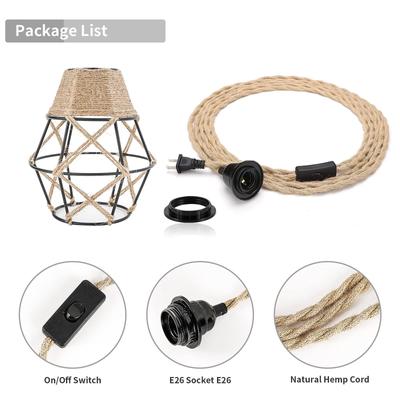 Power Cord Pendant Light 2M 3M Twisted Hemp Rope Cable Cages E26 E27 Lamp Holder EU Plug with Switch Edison Bulb Socket