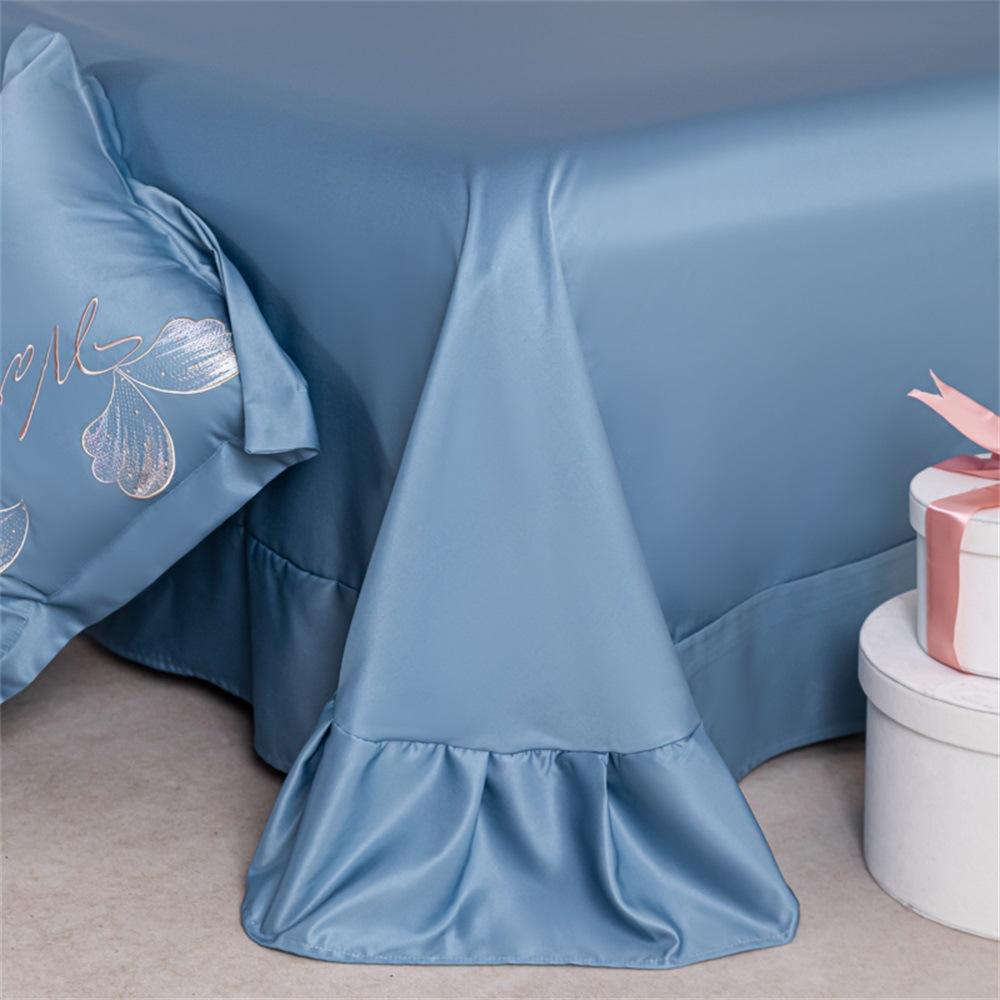 Set de pat din mătase de gheață, set din patru piese, broderie, prietenos cu pielea, respirabil, confortabil, cearceaf de pat, husă de pilotă, față de pernă