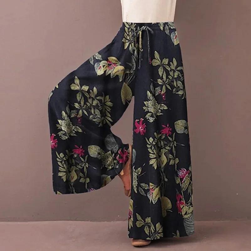 Floral Print Wide Leg Women Pants Spring Drawstring Bohemia Trousers Lady Casual Loose Elastic Waist Pantalonsw